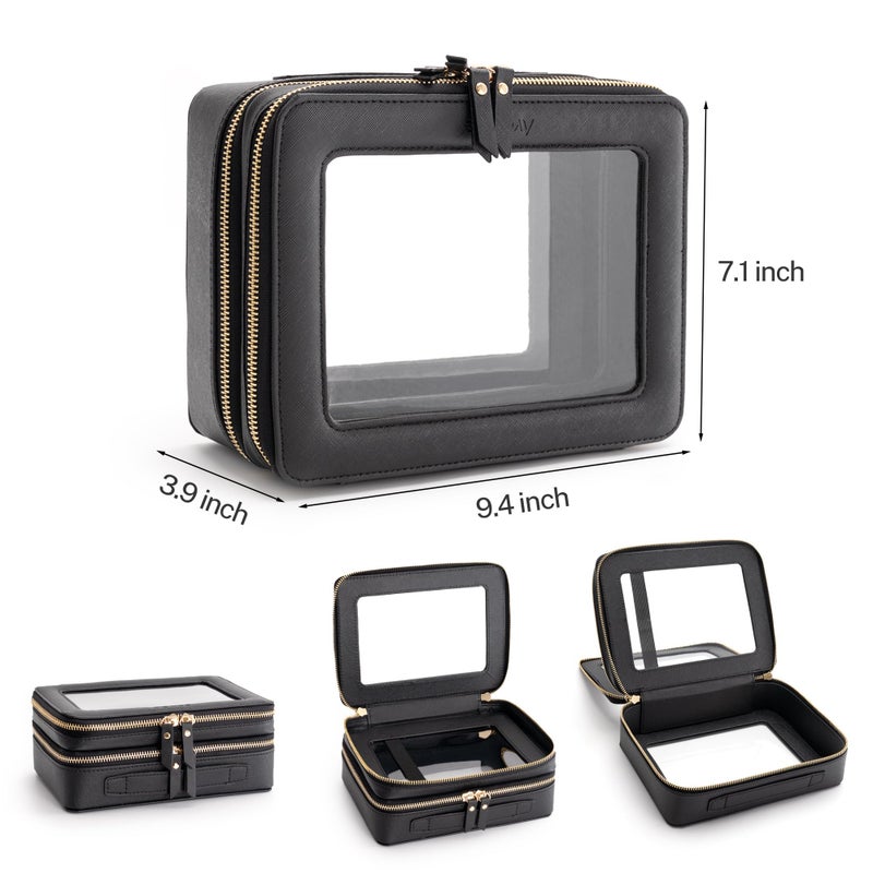 Aveniee Clear Makeup Bags, Double Layer Cosmetic Bags with a Separate Brush Compartment, Travel Toiletry Bag Train Case for Women, Travel Accessories Organizer for Purse(2 Layers Large, Black) - Image 2